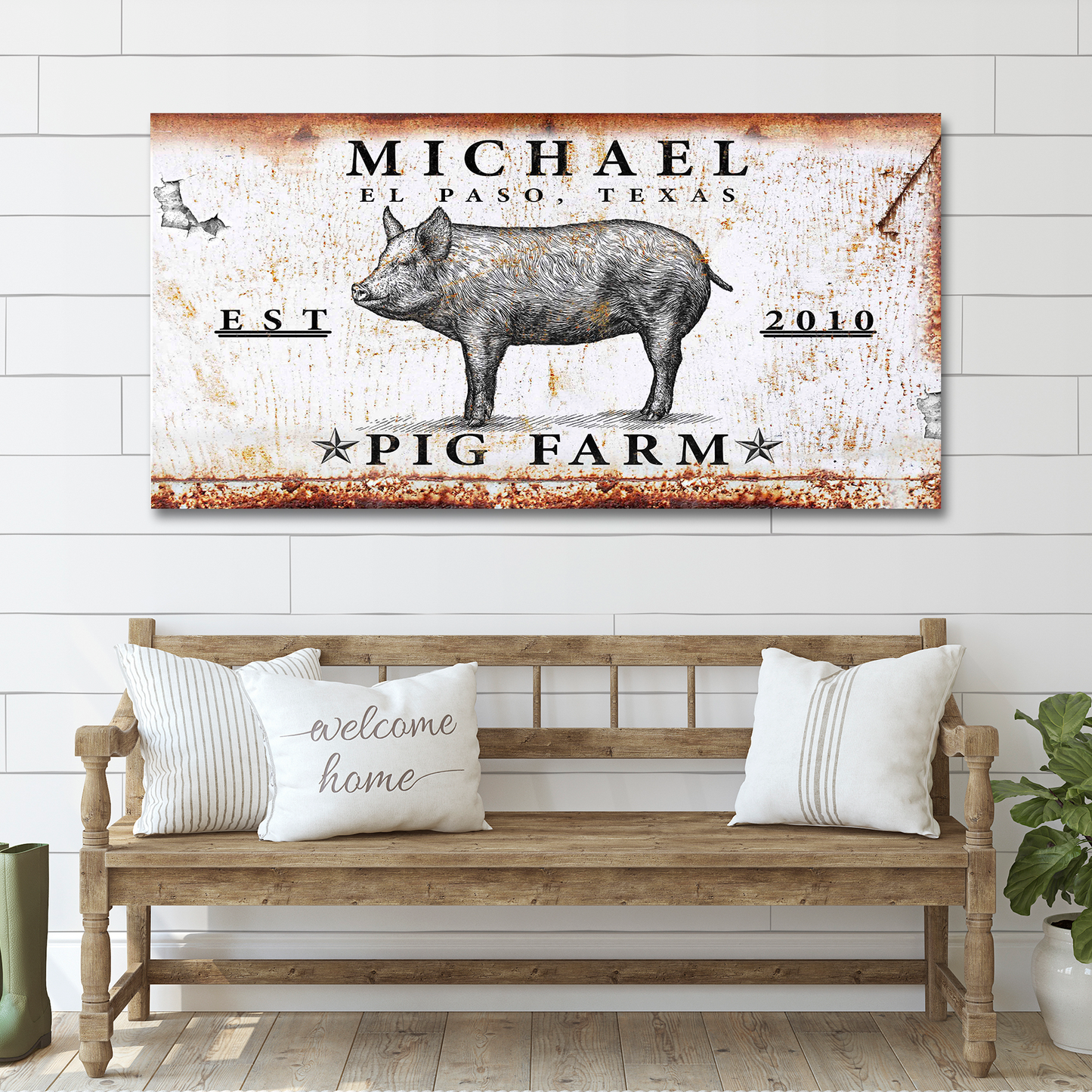 Pig Farm canvas sign by Tailored Canvases, rustic white rusted backdrop with pig illustration on Tampa Home & Garden Store