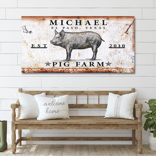 Pig Farm canvas sign by Tailored Canvases, rustic white rusted backdrop with pig illustration on Tampa Home & Garden Store