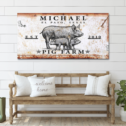Pig Farm canvas sign with vintage distressed rust patina and pig family on Tampa Home & Garden Store