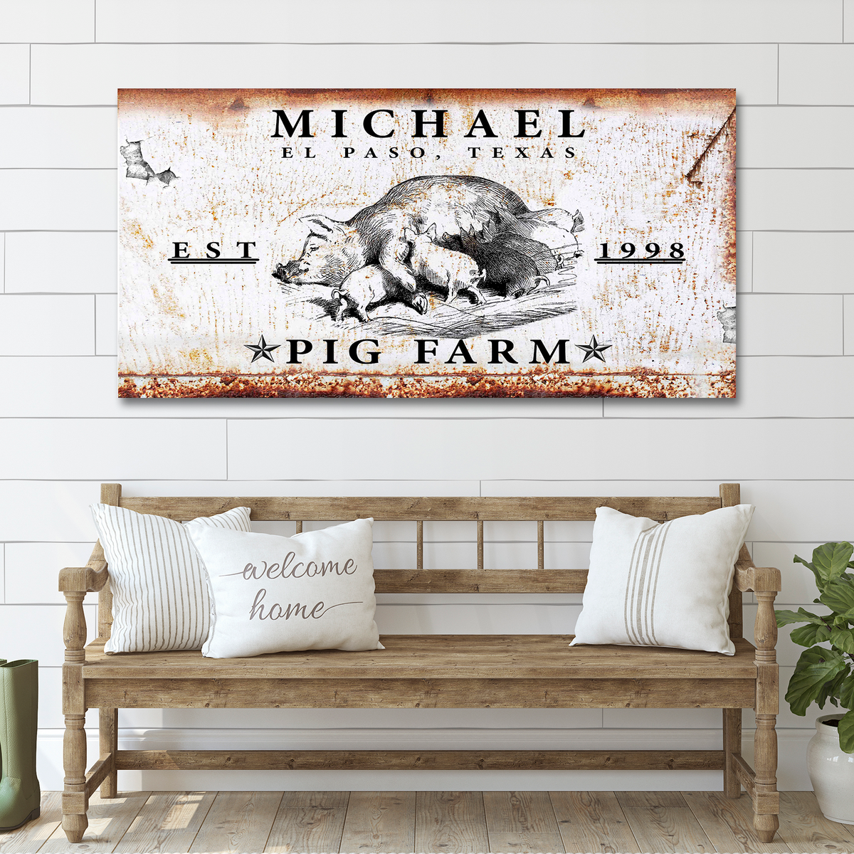 Pig Farm canvas sign by Tailored Canvases crafting canvas; rustic pig illustration EST 1998 on Tampa Home & Garden Store