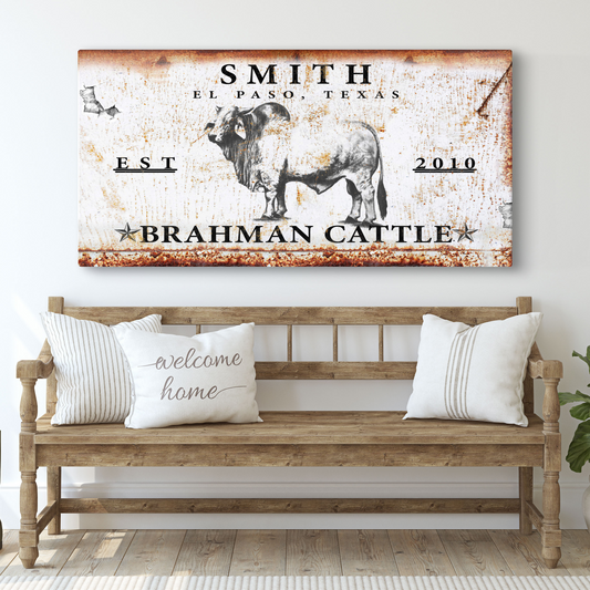 Brahman Cattle canvas sign by Tailored Canvases with rustic background and bold lettering on Tampa Home & Garden Store