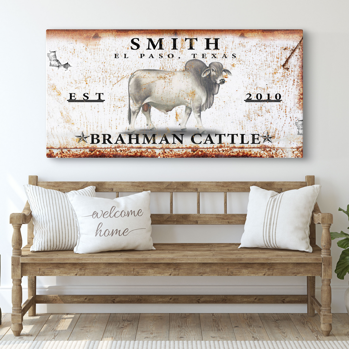 Brahman Cattle Sign canvas by Tailored Canvases, rustic white with rust and bold black text on Tampa Home & Garden Store