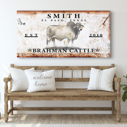 Brahman Cattle Sign canvas by Tailored Canvases, rustic white with rust and bold black text on Tampa Home & Garden Store