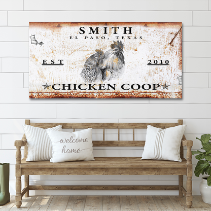 Chicken Coop Sign V canvas with rusted white weathered backdrop and two roosters on Tampa Home & Garden Store