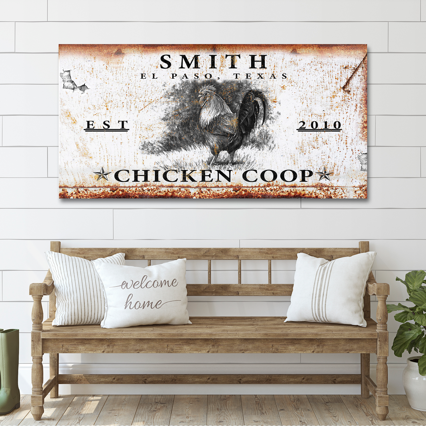 Chicken Coop Sign VI canvas by Tailored Canvases with rooster and rusted backdrop on Tampa Home & Garden Store