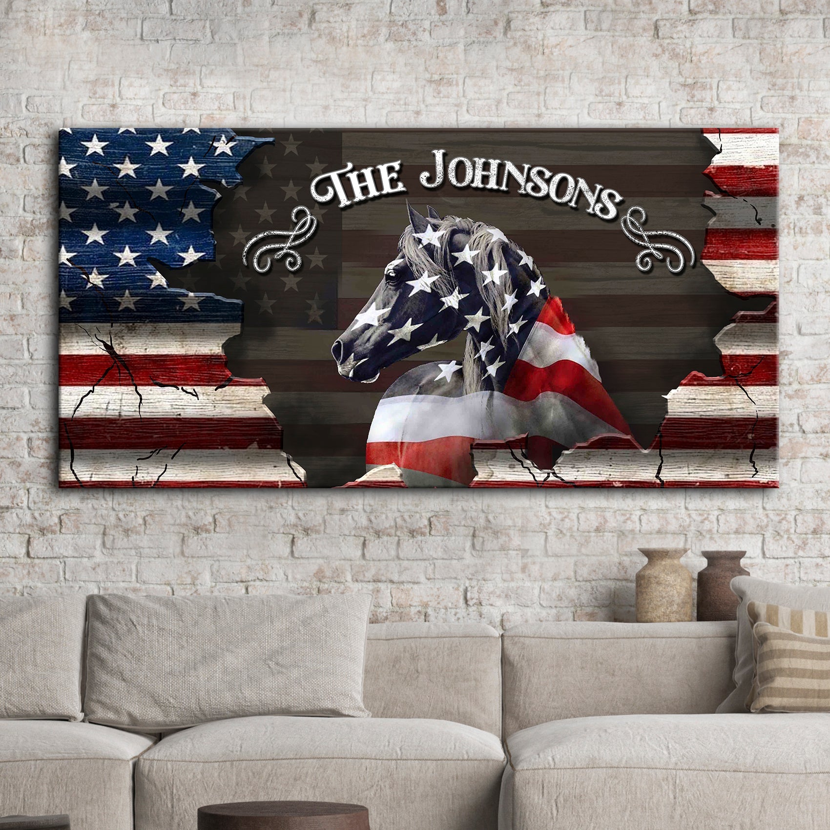 Canvas wall art featuring a horse head draped in the American flag with The Johnsons text on Tampa Home & Garden Store