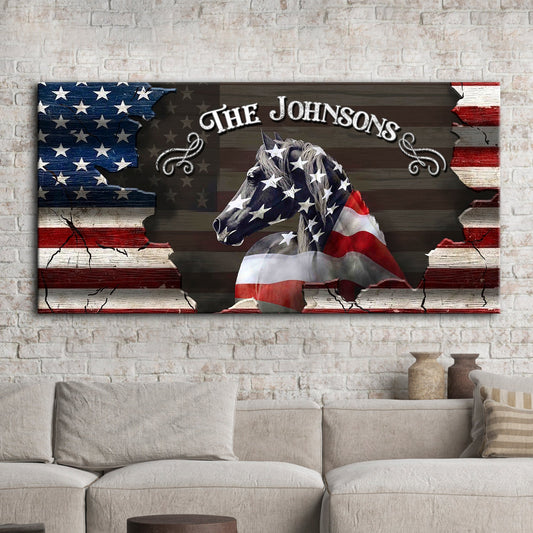 Canvas wall art featuring a horse head draped in the American flag with The Johnsons text on Tampa Home & Garden Store