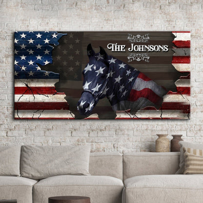 Canvas family name sign American Horse wall art featuring flag motif Tailored Canvases on Tampa Home & Garden Store