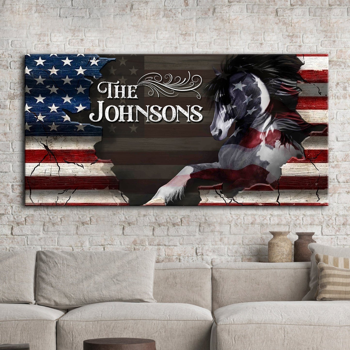 Family name sign canvas with American flag and horse silhouette The Johnsons on Tampa Home & Garden Store