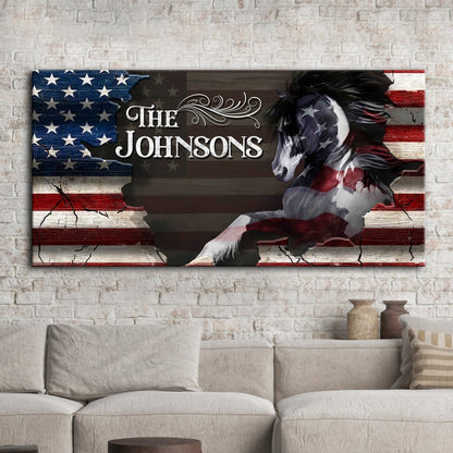 Family name sign canvas with American flag and horse silhouette The Johnsons on Tampa Home & Garden Store