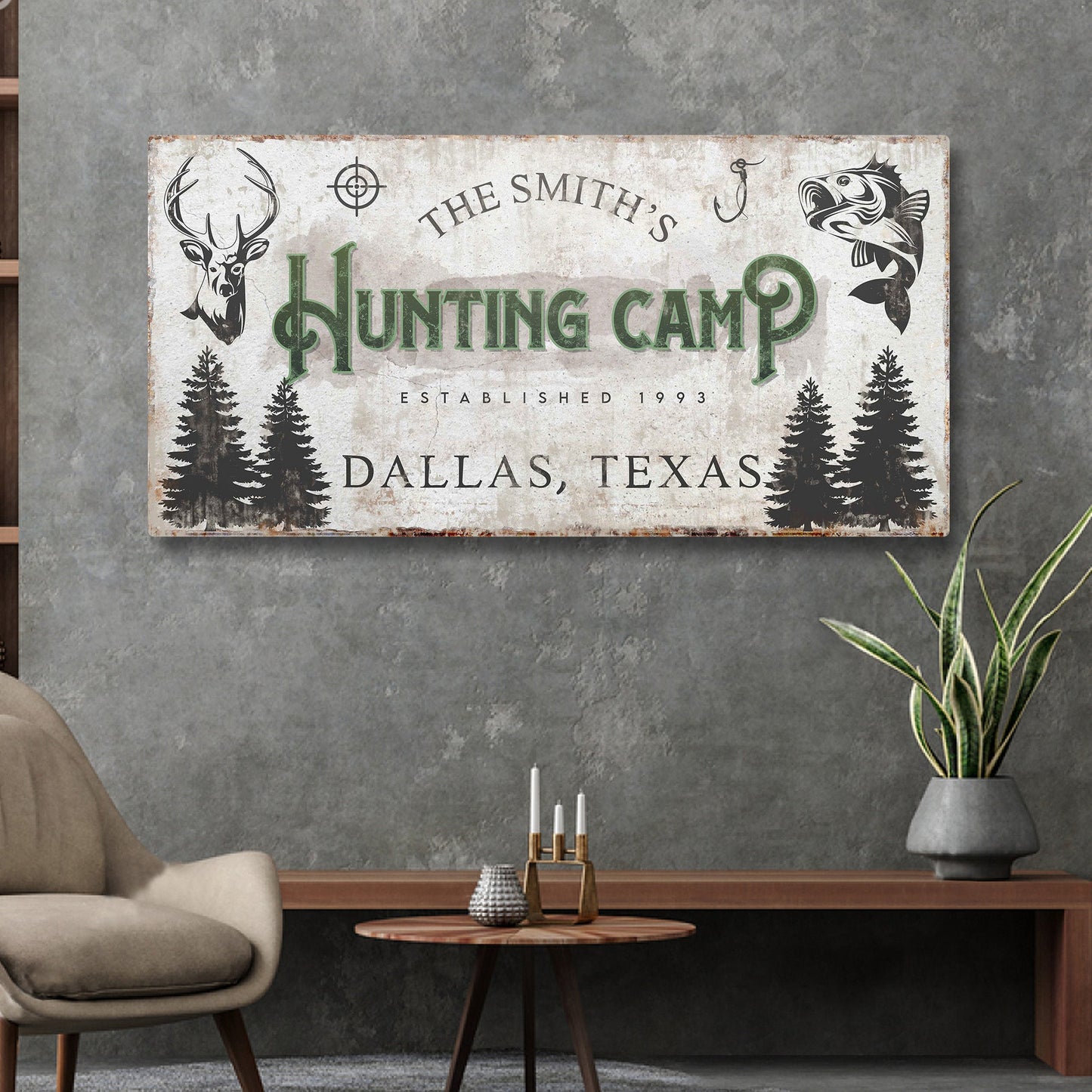 Canvas Fishing And Hunting Sign by Tailored Canvases, hunting camp with deer head and fish on Tampa Home & Garden Store