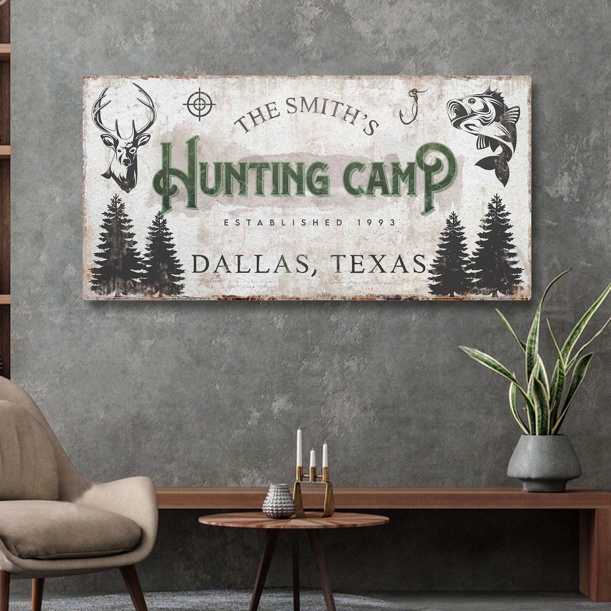 Canvas Fishing And Hunting Sign by Tailored Canvases, hunting camp with deer head and fish on Tampa Home & Garden Store
