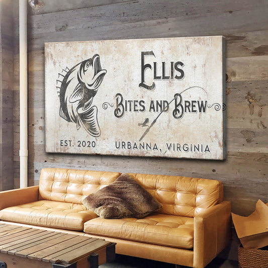 Bites and Brews Sign canvas with fish and fishing rod, rustic beige texture Tailored Canvases on Tampa Home & Garden Store