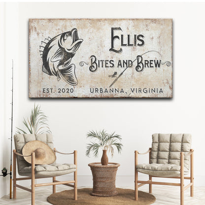 Bites and Brews Sign canvas by Tailored Canvases with rustic wood backdrop and bold bass art on Tampa Home & Garden Store