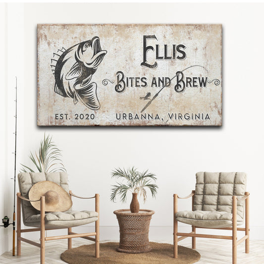 Bites and Brews Sign canvas by Tailored Canvases with rustic wood backdrop and bold bass art on Tampa Home & Garden Store