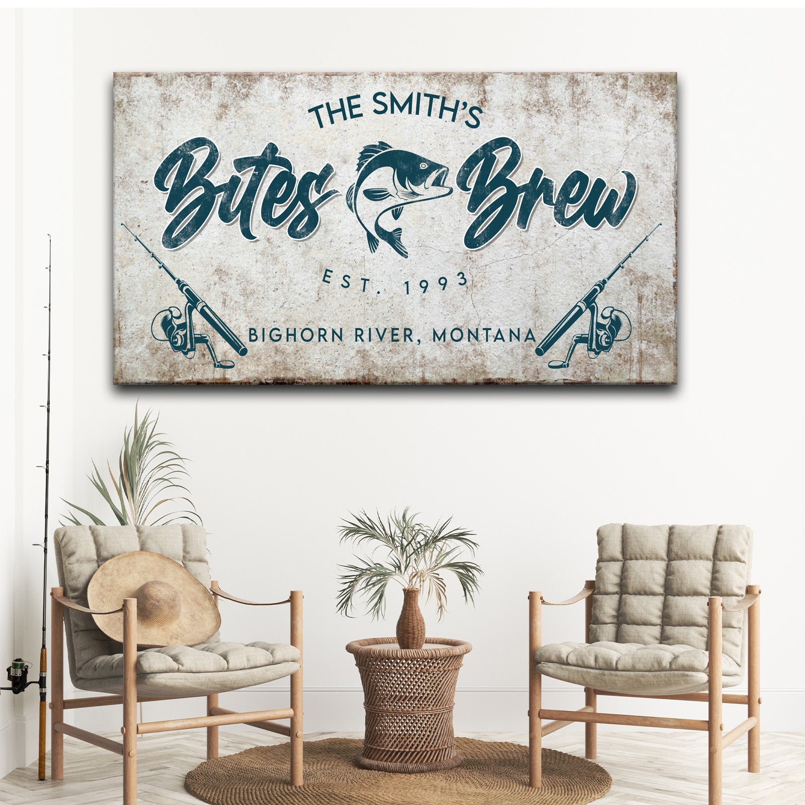 Bites and Brews Sign canvas by Tailored Canvases with teal script fish motif rustic backdrop on Tampa Home & Garden Store