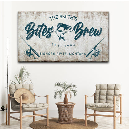 Bites and Brews Sign canvas by Tailored Canvases with teal script fish motif rustic backdrop on Tampa Home & Garden Store