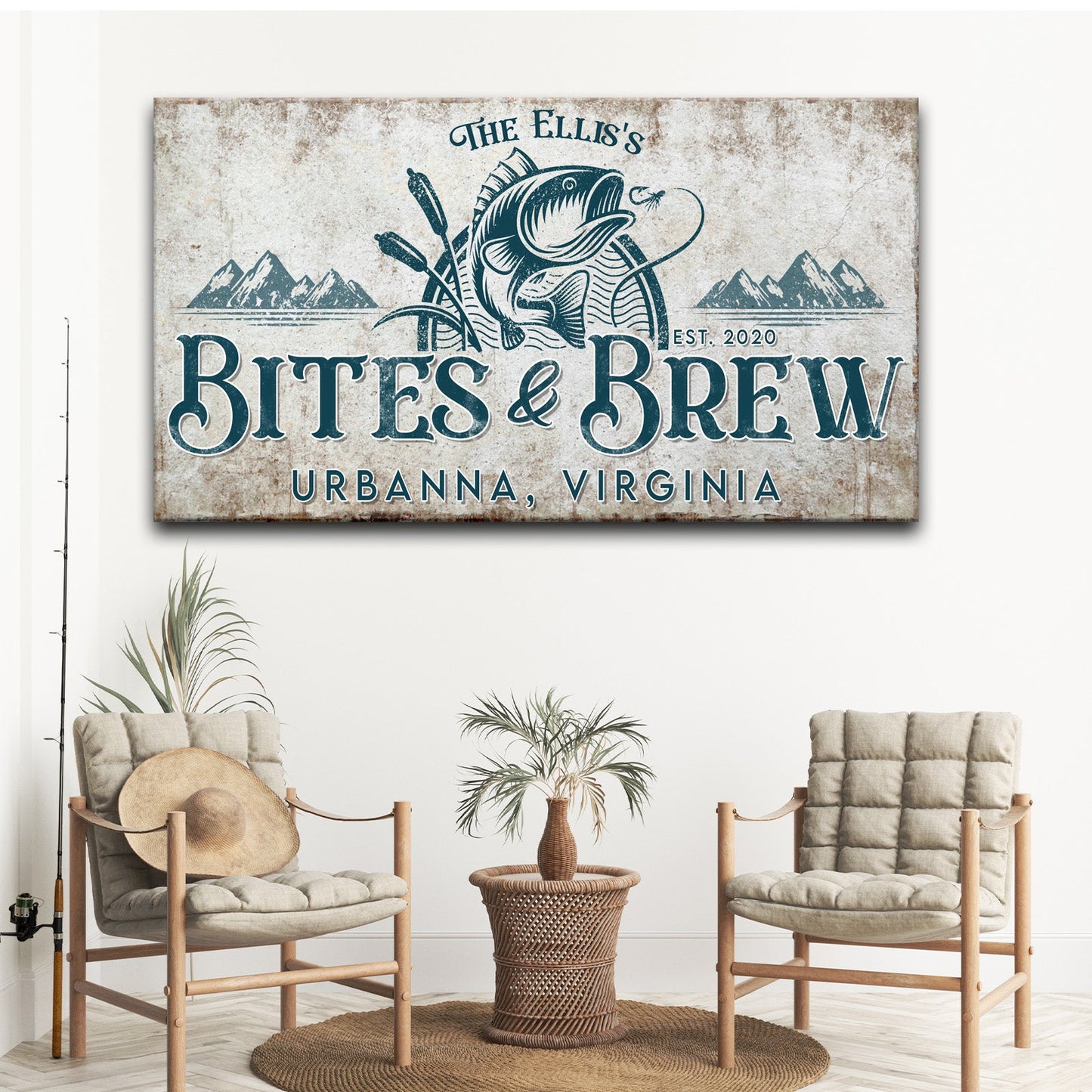 Bites & Brew canvas wall art by Tailored Canvases, blue sign with mountains and fish Urbanna VA on Tampa Home & Garden Store