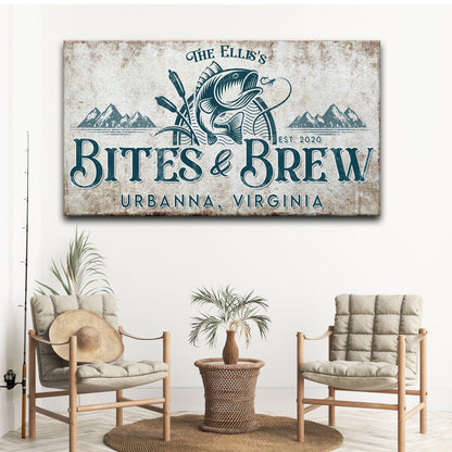 Bites & Brew canvas wall art by Tailored Canvases, blue sign with mountains and fish Urbanna VA on Tampa Home & Garden Store