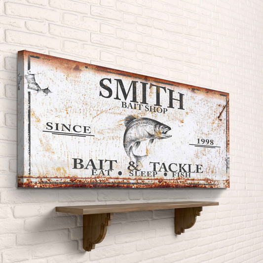 Bait and Tackle Sign canvas art with rusted vintage look and fish illustration on Tampa Home & Garden Store