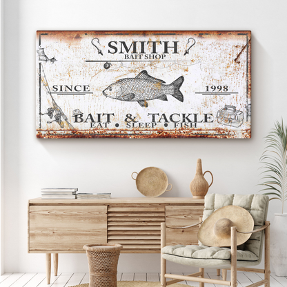 Bait and Tackle Sign III canvas wall art by Tailored Canvases, rustic white background with fish on Tampa Home & Garden Store