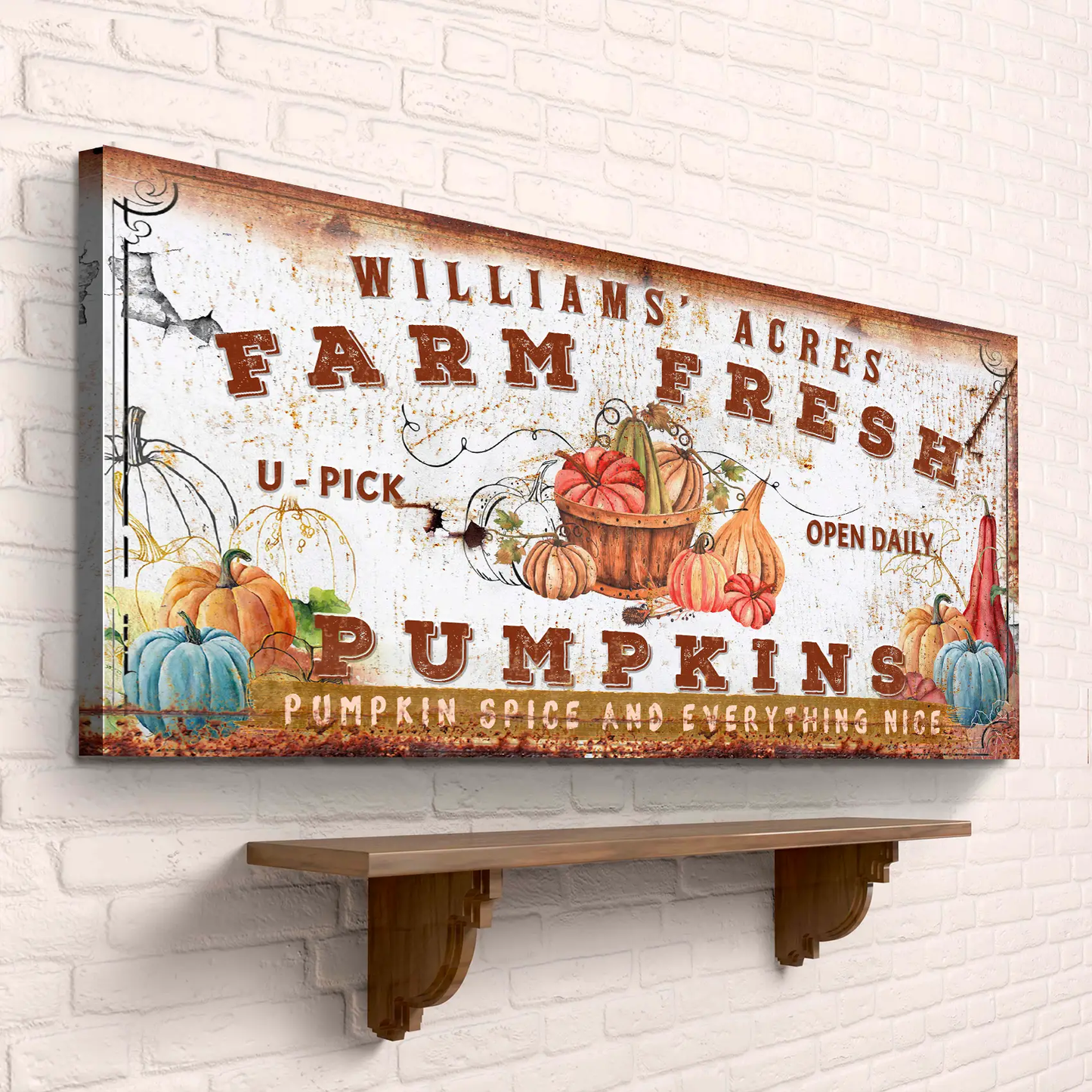 Farm Fresh Pumpkins canvas sign with rustic distressed finish and pumpkin illustrations on Tampa Home & Garden Store