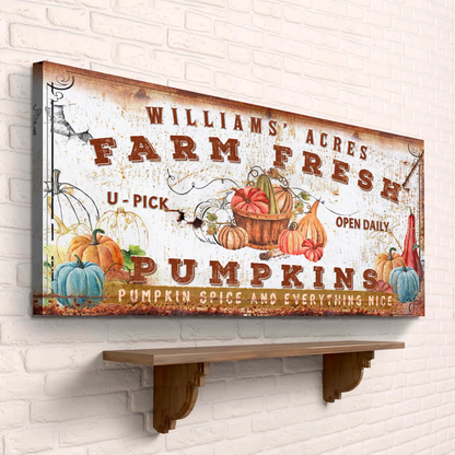 Farm Fresh Pumpkins canvas sign with rustic distressed finish and pumpkin illustrations on Tampa Home & Garden Store