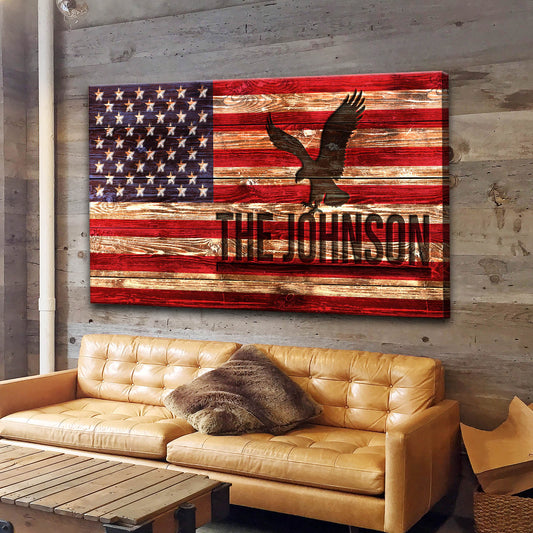 Canvas art American Flag with eagle silhouette and Johnson name by Tailored Canvases on Tampa Home & Garden Store