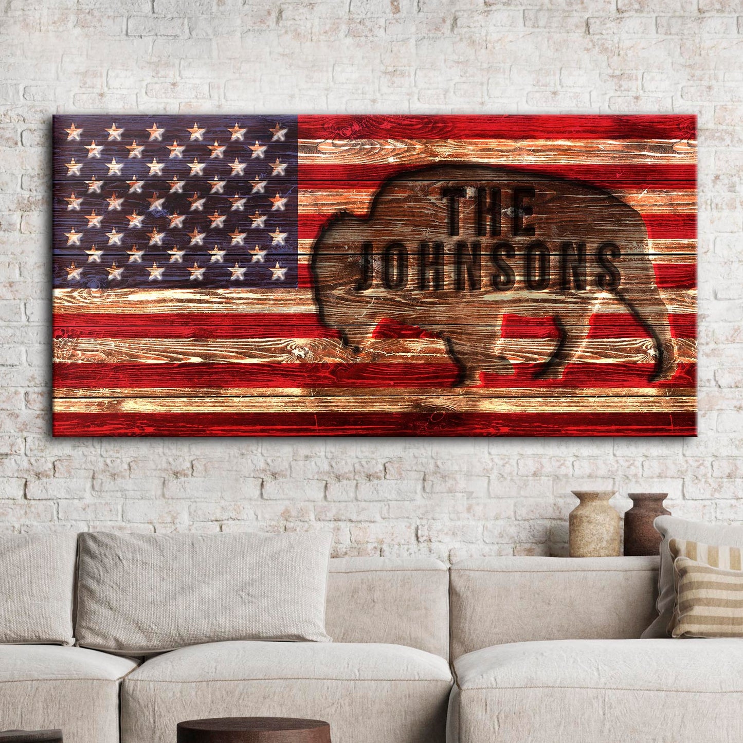 Canvas Rustic American Flag Family Name Sign featuring THE JOHNSONS with silhouette on Tampa Home & Garden Store