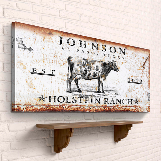 Holstein Ranch Sign canvas art with rusted edges and cow illustration by Tailored Canvases on Tampa Home & Garden Store