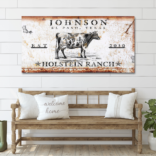 Holstein Ranch canvas sign by Tailored Canvases, rustic white with cow image, EST 2010 on Tampa Home & Garden Store