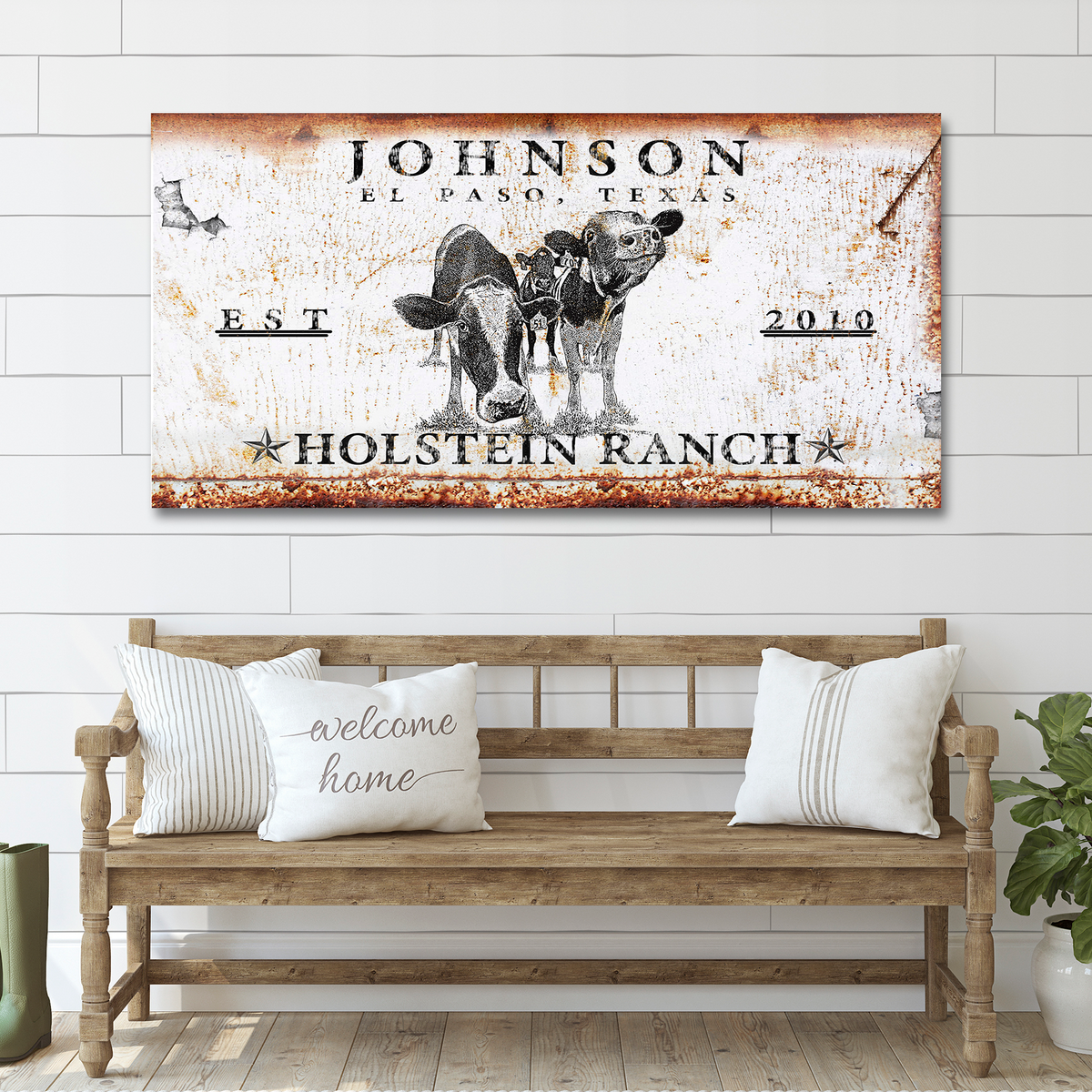 Holstein Ranch Sign canvas by Tailored Canvases with cow illustration on a weathered backdrop on Tampa Home & Garden Store