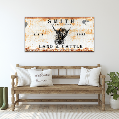 Canvas Land And Cattle Rustic Sign II by Tailored Canvases with rust orange border bull motif on Tampa Home & Garden Store