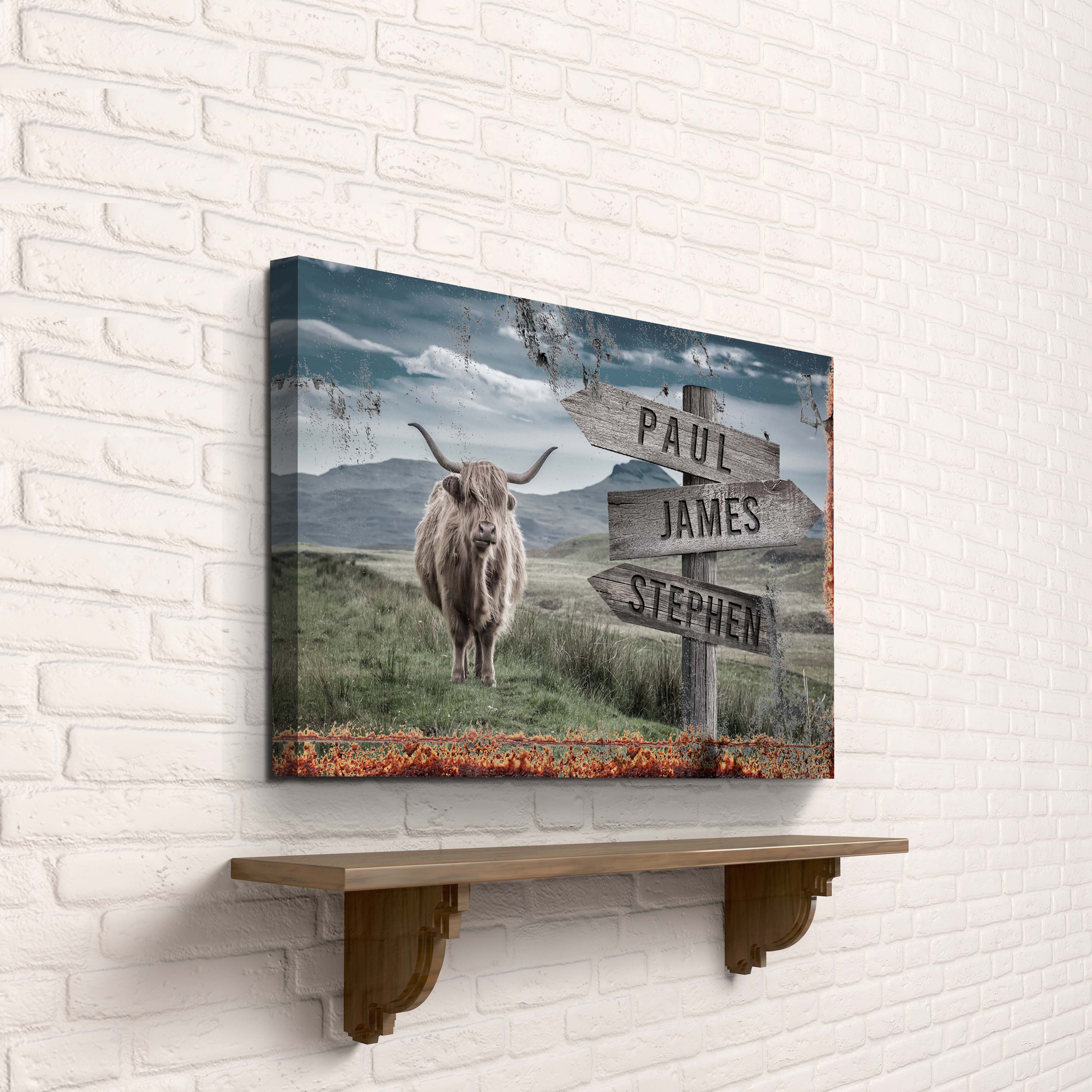 Highland cow rustic sign canvas by Tailored Canvases with weathered wooden signposts in pasture on Tampa Home & Garden Store