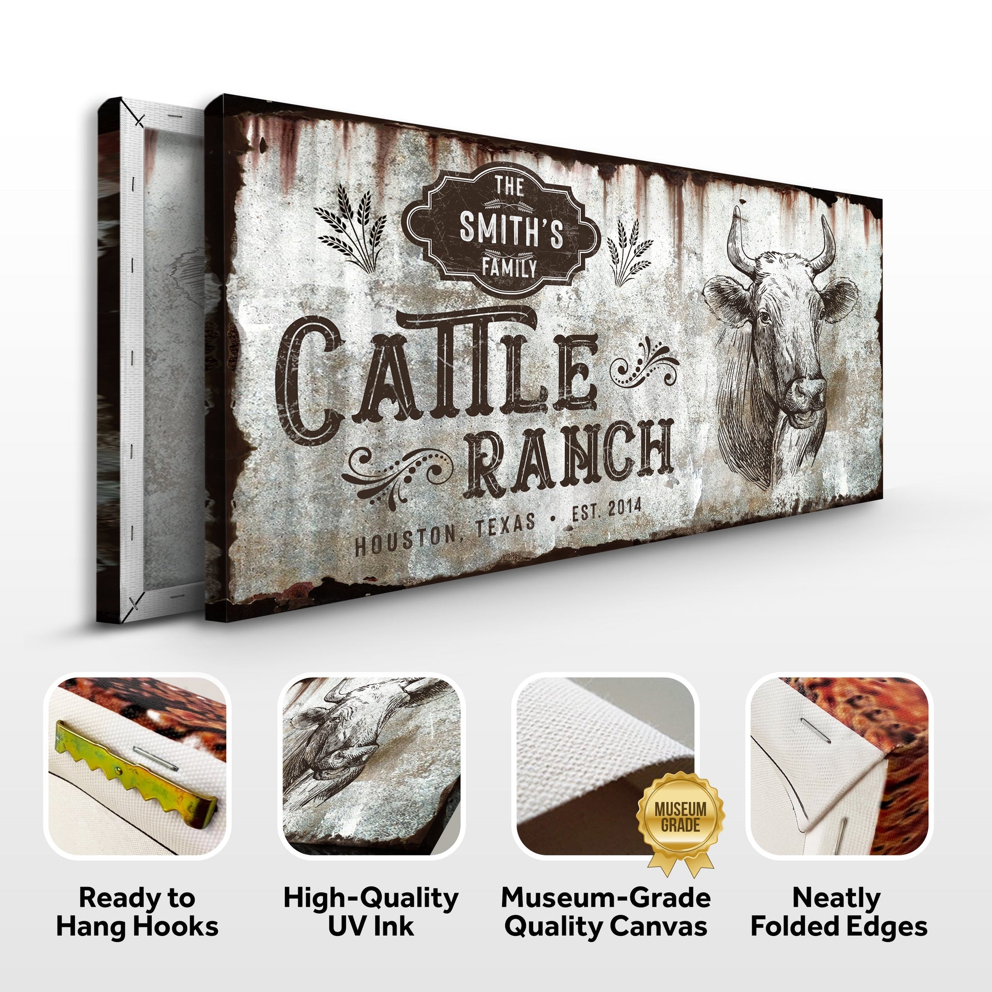 Vintage Cattle Ranch Sign canvas by Tailored Canvases with distressed metal backdrop and longhorn on Tampa Home & Garden Store