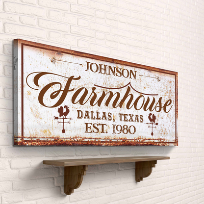 Farmhouse Sign III canvas wall art with rustic border and vintage brown Dallas, Texas EST. 1980 on Tampa Home & Garden Store