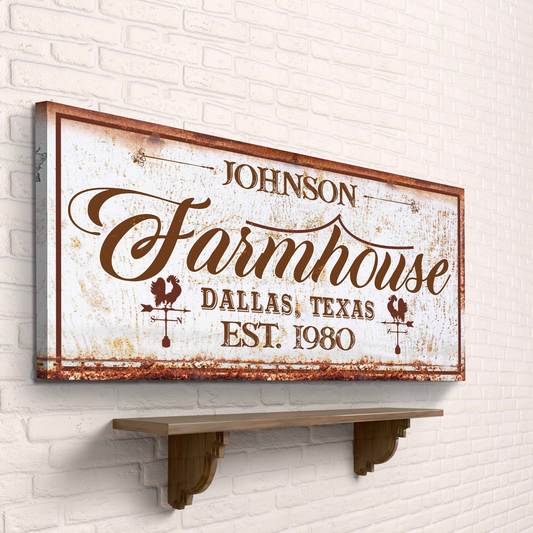 Farmhouse Sign III canvas wall art with rustic border and vintage brown Dallas, Texas EST. 1980 on Tampa Home & Garden Store