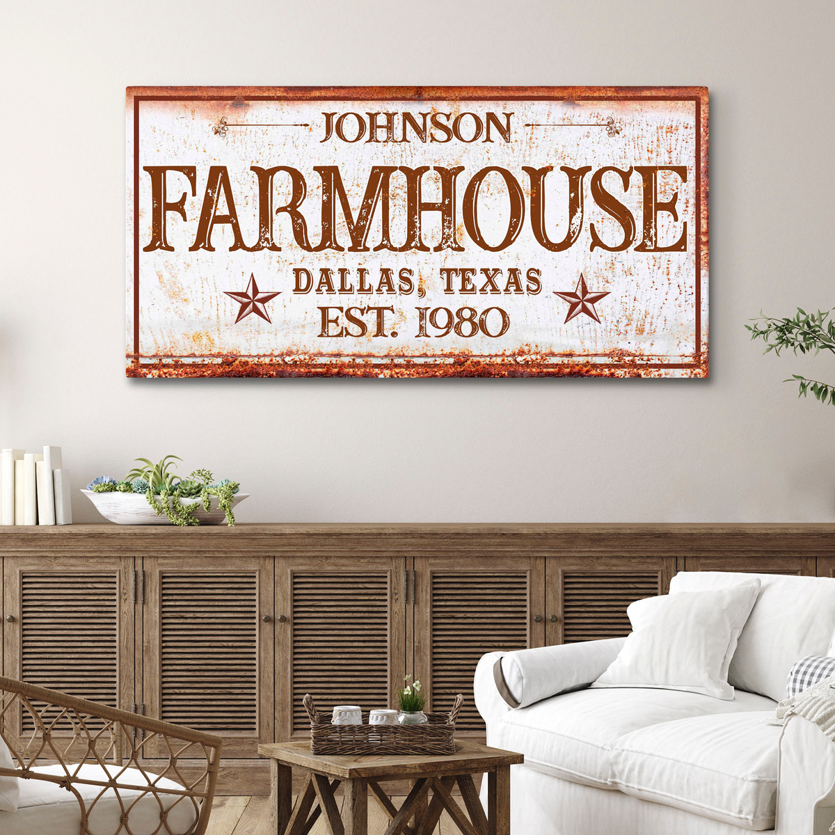 Farmhouse Sign III canvas by Tailored Canvases with rustic lettering and rust border Tampa Store on Tampa Home & Garden Store