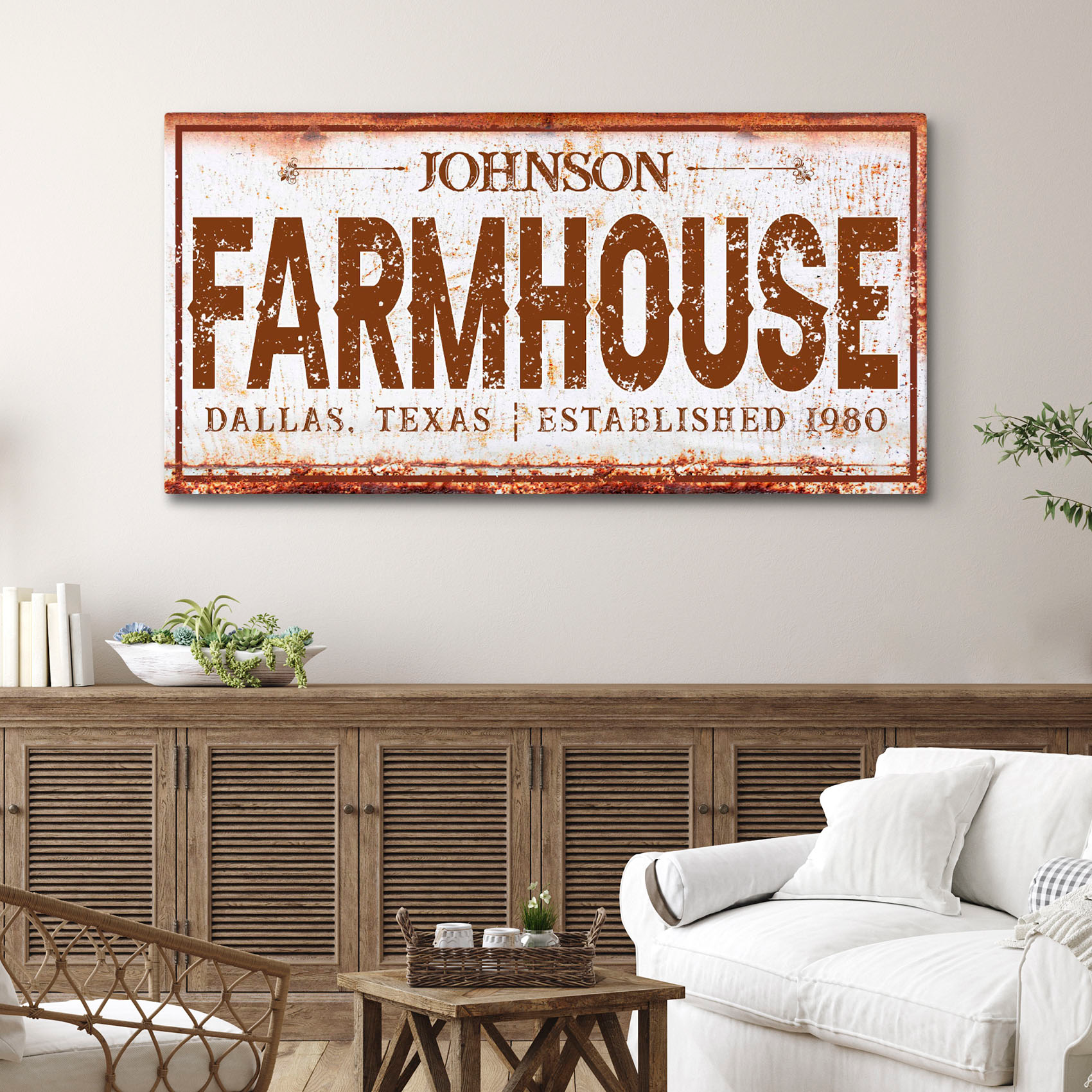 Farmhouse Sign III canvas by Tailored Canvases with brown FARMHOUSE lettering on rustic sign on Tampa Home & Garden Store