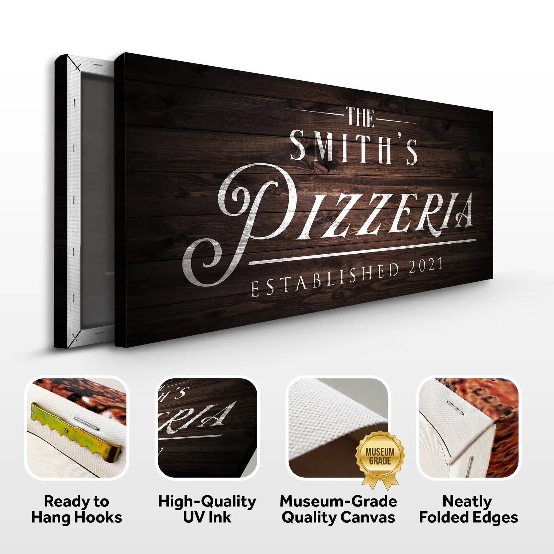 Pizzeria Sign canvas by Tailored Canvases with dark wood grain and white serif lettering on Tampa Home & Garden Store