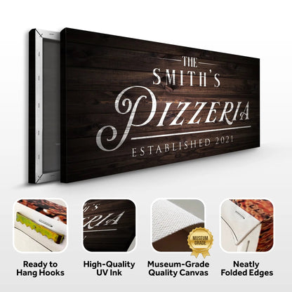 Pizzeria Sign canvas by Tailored Canvases with dark wood grain and white serif lettering on Tampa Home & Garden Store
