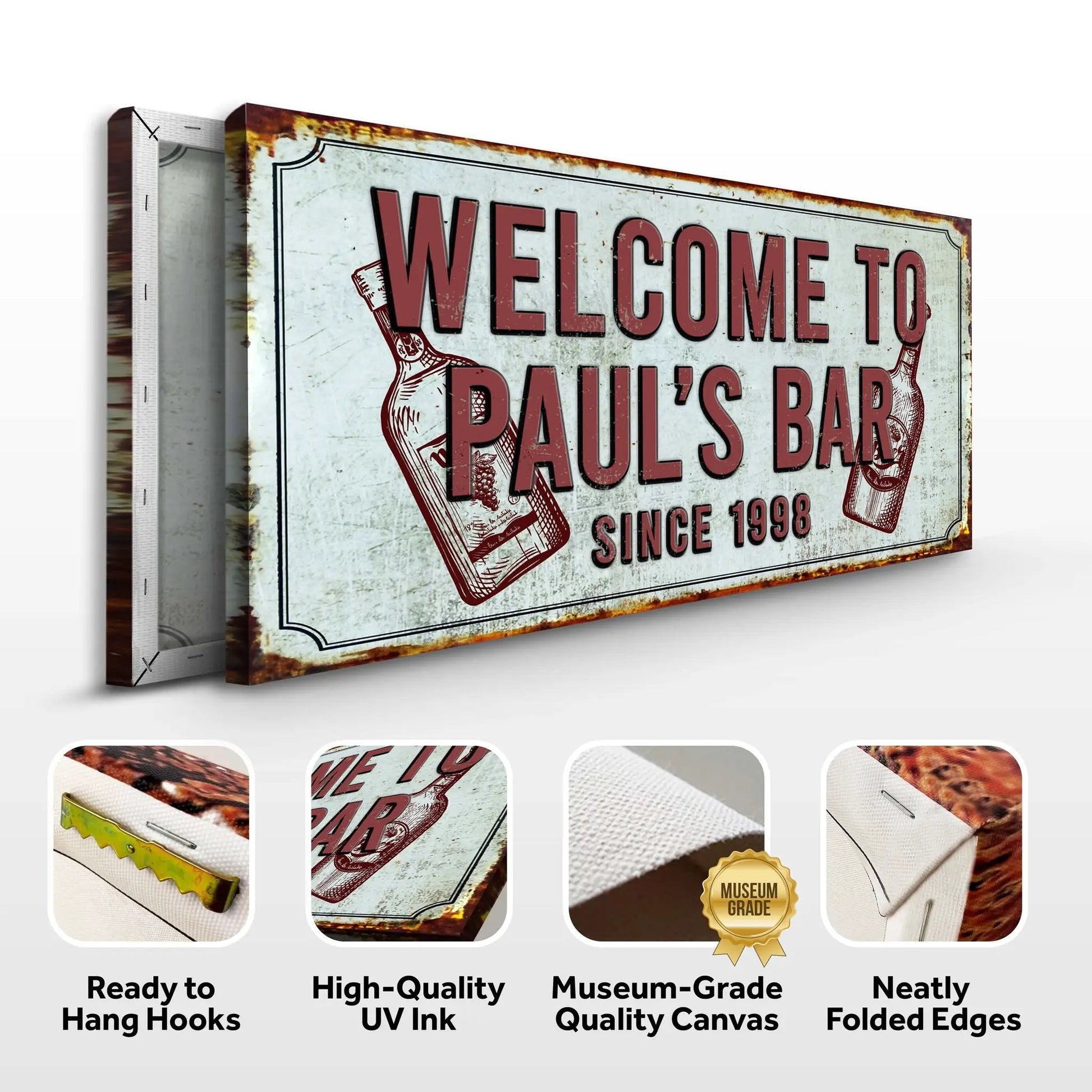 Bar Sign III Canvas by Tailored Canvases, vintage rusted-edge sign with bold red lettering on Tampa Home & Garden Store
