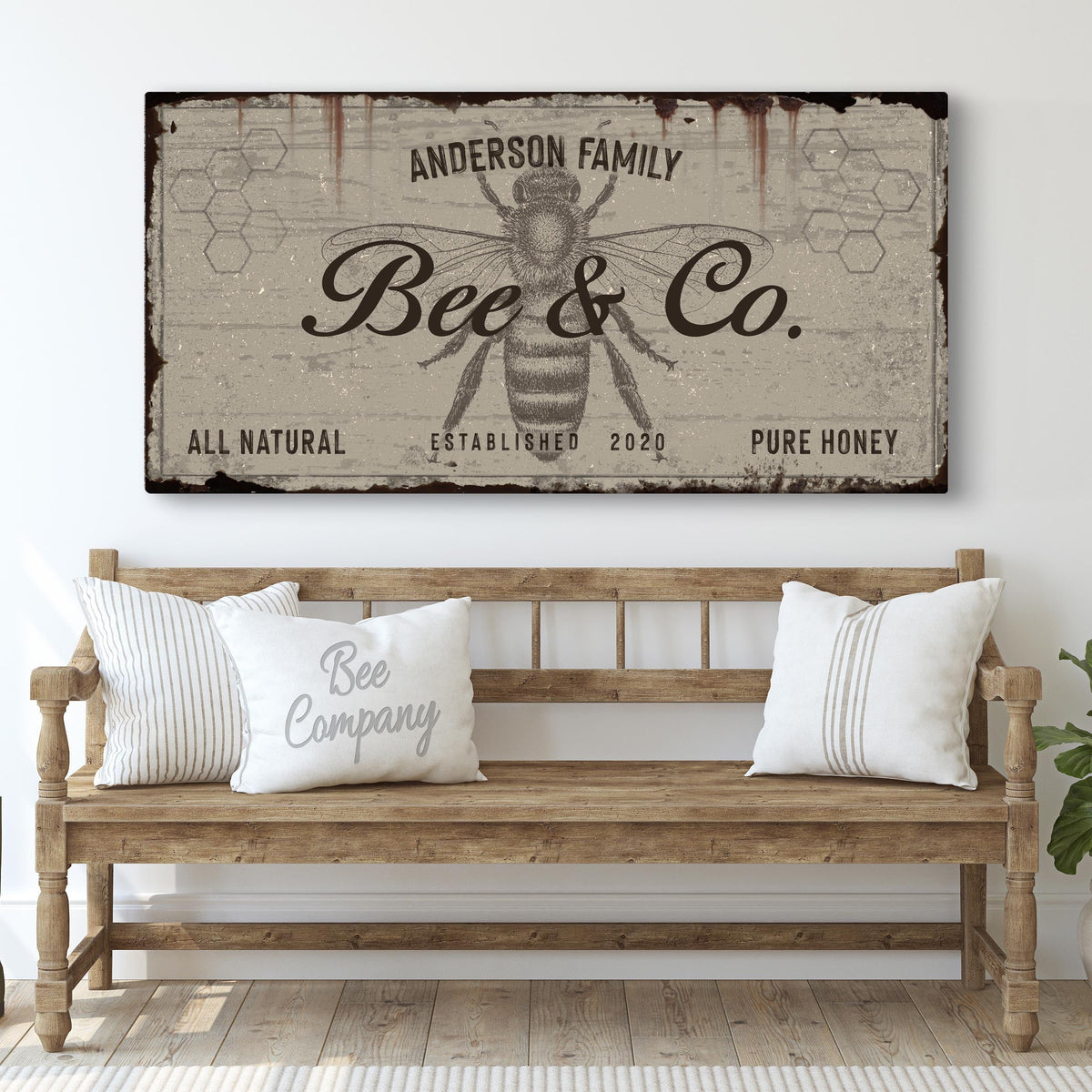 Bee and Co Sign II canvas by Tailored Canvases with vintage beige background and bee motif on Tampa Home & Garden Store