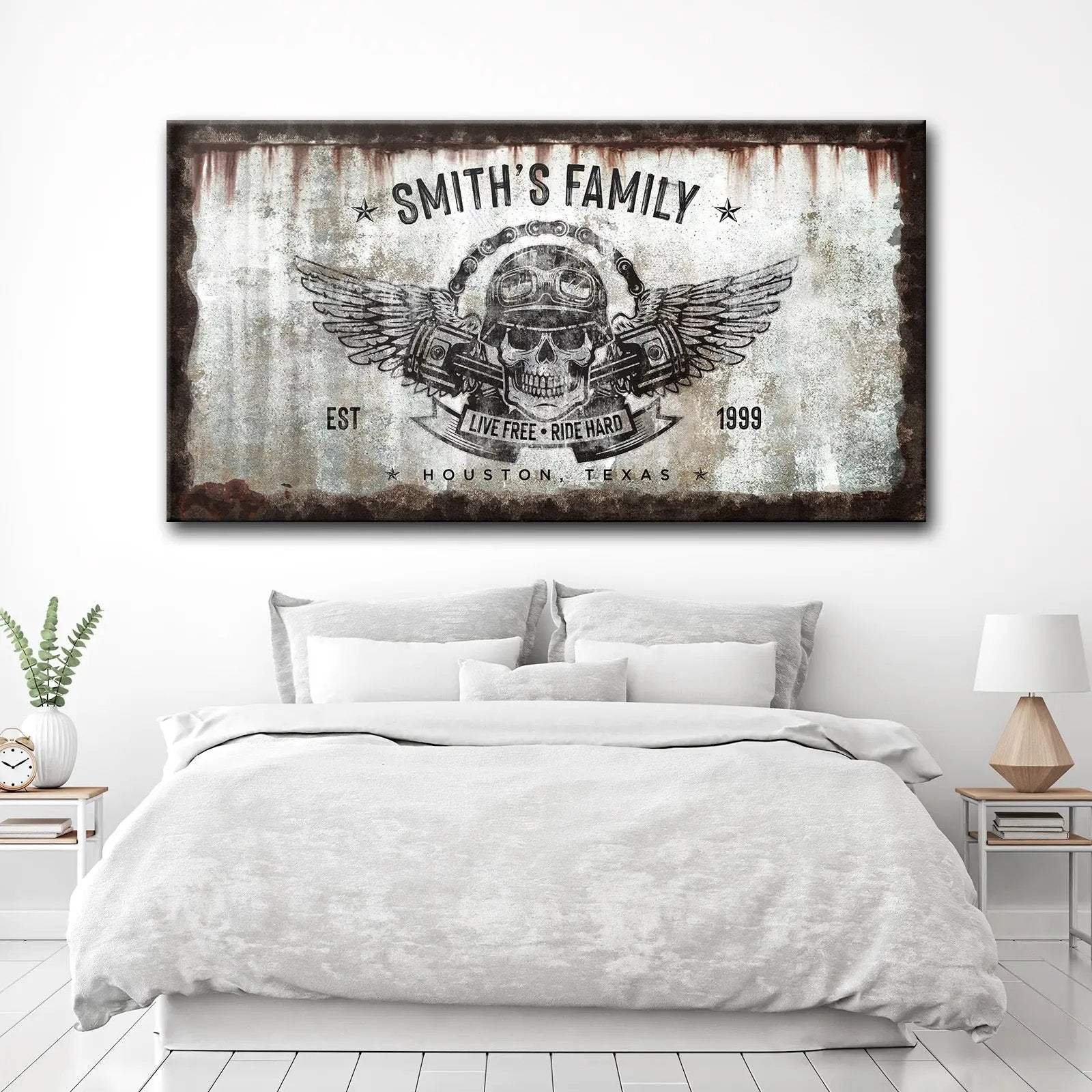 Live Free Ride Hard Sign canvas by Tailored Canvases; distressed skull with wings artwork on Tampa Home & Garden Store