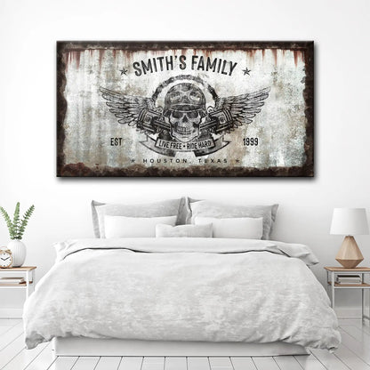 Live Free Ride Hard Sign canvas by Tailored Canvases; distressed skull with wings artwork on Tampa Home & Garden Store