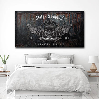 Live Free Ride Hard Sign canvas by Tailored Canvases with skull and wings on rusted metal on Tampa Home & Garden Store