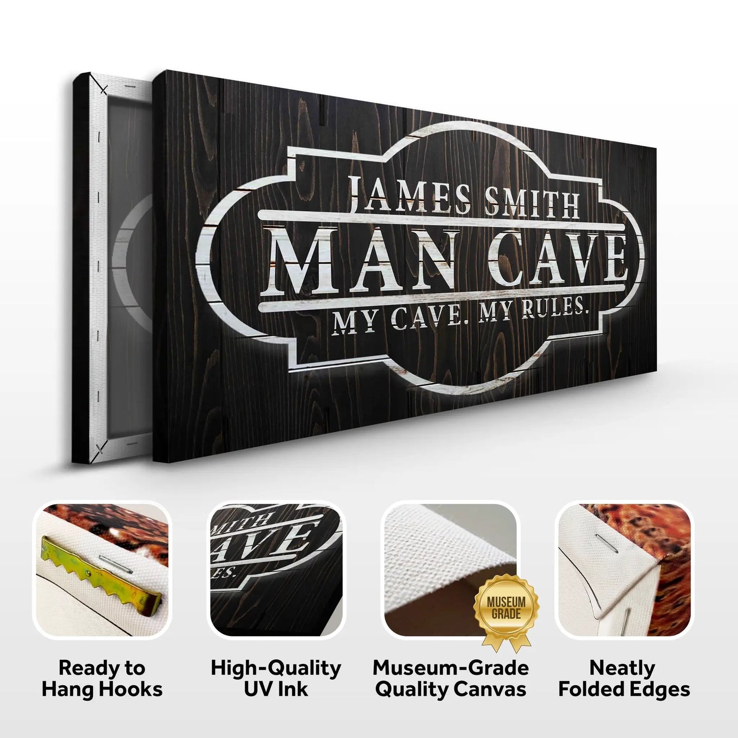 Canvas sign My Cave My Rules on dark wood panel with white lettering Tailored Canvases on Tampa Home & Garden Store