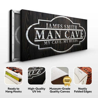 Canvas sign My Cave My Rules on dark wood panel with white lettering Tailored Canvases on Tampa Home & Garden Store