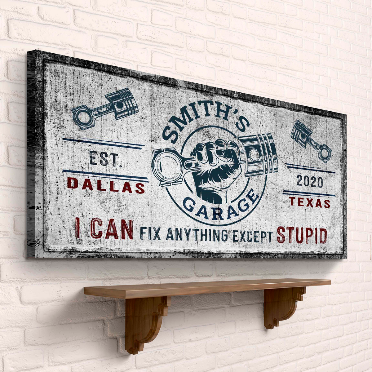 Family garage sign canvas with distressed gray finish, blue red typography, piston motif on Tampa Home & Garden Store
