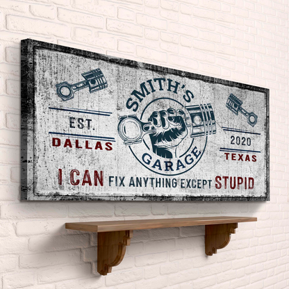 Family garage sign canvas with distressed gray finish, blue red typography, piston motif on Tampa Home & Garden Store